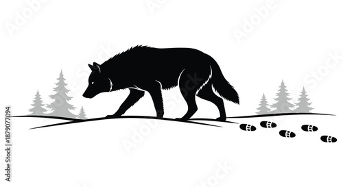 A striking image depicts a lone wolf standing in a natural landscape with trees and footprints a powerful silhouette high quality