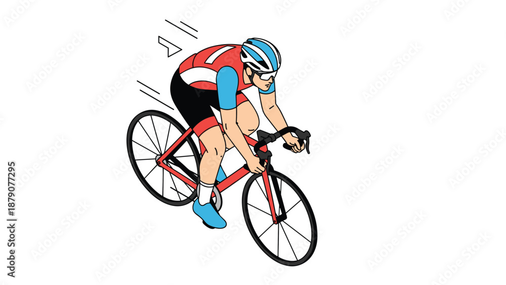 Obraz premium Male professional cyclist in a red and white jersey and helmet riding a racing bicycle with motion lines indicating high speed and agility.