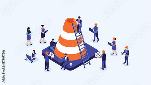 Team of construction workers and IT professionals collaborating to maintain a giant orange traffic cone symbolizing website maintenance.