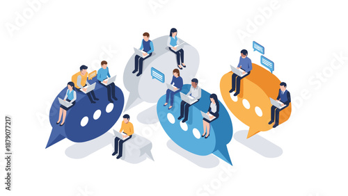 Diverse group of people sitting on large colorful speech bubbles while working on laptops illustrating global communication and networking.