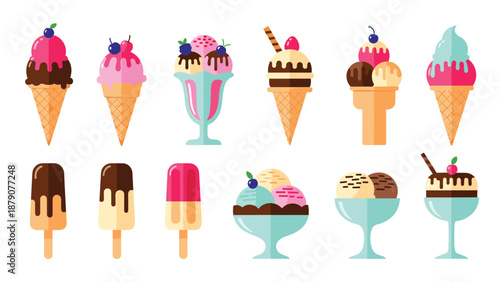 Collection of different ice cream desserts including various cones, colorful popsicles, and sundaes in decorated cups and bowls.