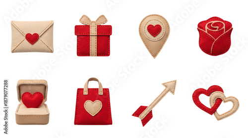 Valentine's Day felt set including envelope, gift box, map pointer, rose, ring box, shopping bag, arrow, and linked hearts isolated. Romantic craft collection.