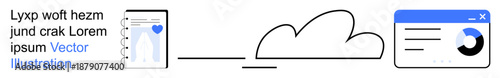 Cloud computing, data synchronization, file sharing, SaaS apps, analytics, remote work. Smartphone connecting to a cloud and desktop screen with data chart. Cloud computing and data synchronization