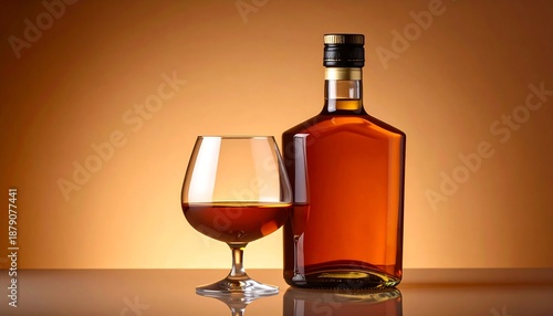 Bottle of aged brandy and a snifter glass on a reflective surface with a warm background.