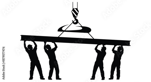 A dynamic depiction showcases four figures supporting a beam suspended from above by a crane a striking silhouette high quality professional