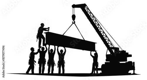 Construction workers collaborating with a large crane to lift and position a heavy beam depicted in a striking silhouette high quality