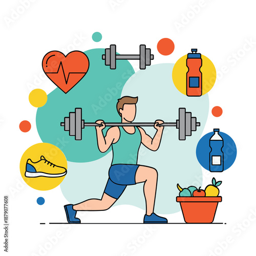 Man lifting barbell in lunge position surrounded by fitness icons and healthy food exercise