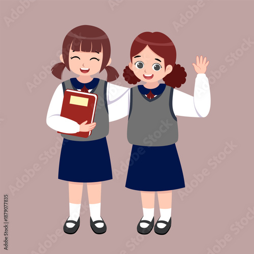 Cute Schoolgirls with Book and Friendly Gesture vector illustration