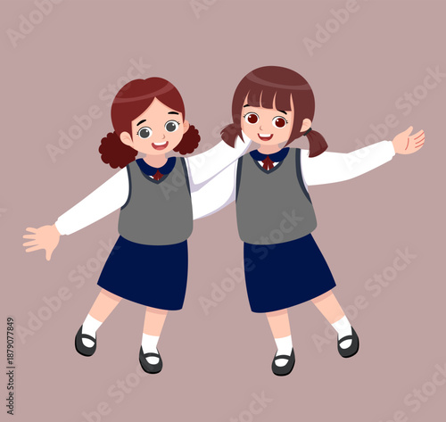 Two Cheerful Schoolgirls Playing Together vector illustration