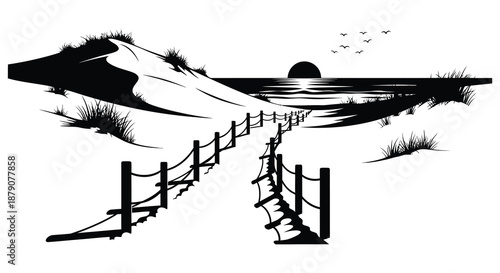 A dramatic coastal landscape with a wooden fence leading toward a setting sun and flying birds presented as a striking silhouette