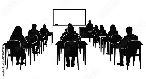 a classroom setting is depicted with a teacher at the front and students seated in rows all in black silhouette