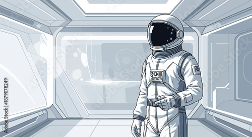 Monochrome astronaut standing inside a futuristic spaceship corridor design illustration