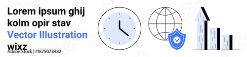 Time management, cybersecurity, global connectivity, business growth, project planning, data visualization. Displays clock, shield with checkmark globe and bar chart. Time management