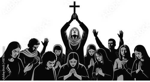 A group of people with arms raised in worship featuring a central figure with a halo presented as a striking silhouette