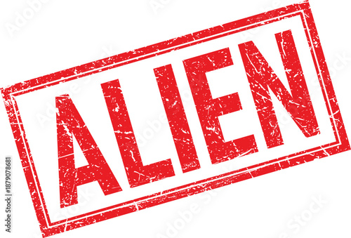 Red Grunge Alien Text in Distressed Rectangular Rubber Stamp Impression on White