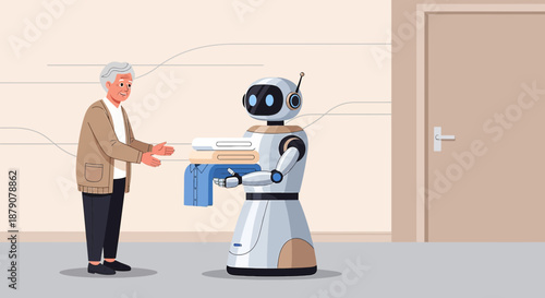 Robot delivering laundry to an elderly person showcasing future personal assistance concept