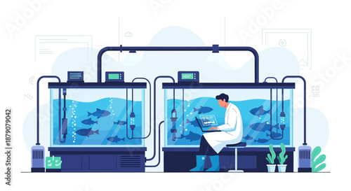 Scientist monitoring fish farm in an indoor aquaculture system using technology and data analysis
