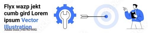 Business solutions, goal setting, technical support, workforce management, efficiency, collaboration. Gear with wrench, target with arrow and professional pointing. Business solutions goal setting