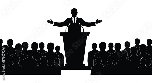 A formal scene depicts a speaker addressing a large audience rendered in stark black and white creating a dramatic silhouette