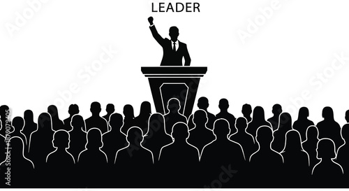 A striking image depicts a leader addressing a large crowd all rendered in a bold dark silhouette style high quality professional