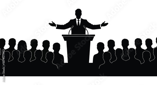 A formal presentation is underway featuring a speaker at a podium before a seated audience rendered as a striking silhouette