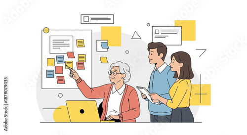 Teamwork and planning session: Older woman explaining ideas to younger colleagues in office
