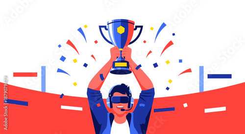 Triumphant virtual athlete hoisting championship trophy amidst confetti celebration with headset