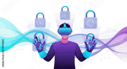 Virtual Reality Security Concept: Person Using VR Headset Interacting with Digital Locks