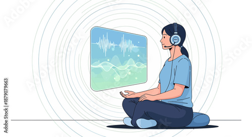 Woman meditating while listening to sound waves for mental clarity and focus achievement