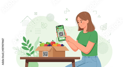 Woman scanning qr code on a delivery of fresh produce emphasizing technology integration in food