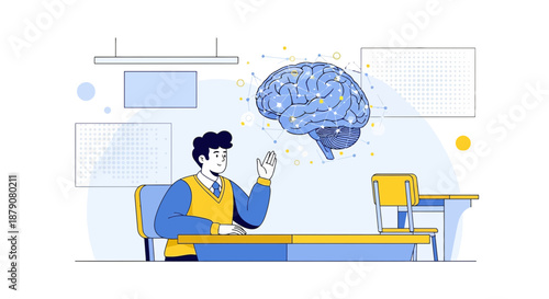 Illustration of a student raising his hand in a classroom with a brain concept above him