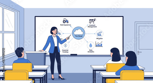 Illustration of a teacher explaining cloud computing in agriculture to students in classroom