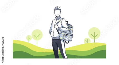 Illustration of a young man with backpack standing in a vibrant green field with minimalist trees