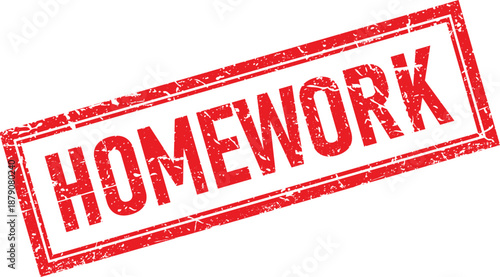 Red Distressed Homework Text Rectangular Rubber Stamp Impression on Transparent Background