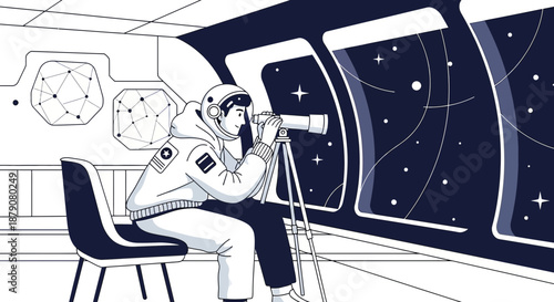 Illustration of an astronaut gazing through a telescope in a spaceship exploring the cosmos