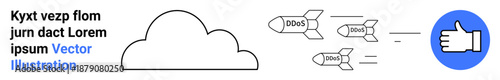 Cloud computing, digital innovation, speed management, approval systems, technology progress, futuristic . A cloud, rockets and thumbs-up icon . Cloud computing and digital innovation concept