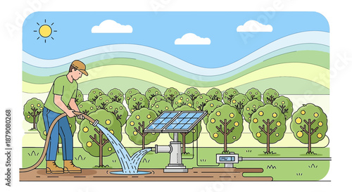 Illustration of eco-friendly agricultural irrigation system using solar power for fruit tree orchard