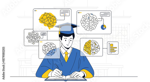 Illustration of graduate student immersed in neural networks and artificial intelligence studies