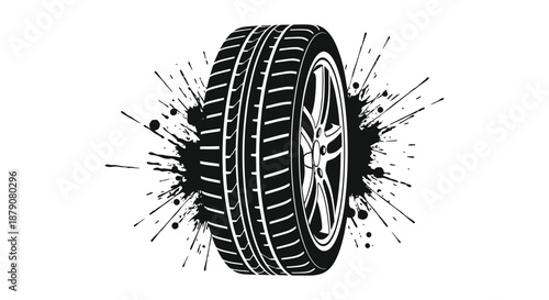 A striking illustration depicts a tire with dynamic splash effects showcasing speed and motion in a bold artistic silhouette high quality