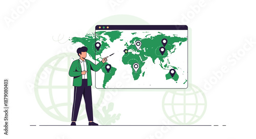 Illustrative presentation of global network expansion and worldwide locations showcased on a world