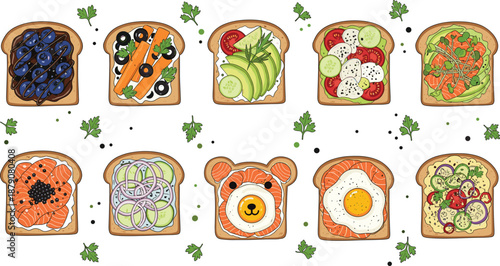 Creative open sandwich toast vector set with salmon avocado vegetables fruits eggs and cute animal food designs
