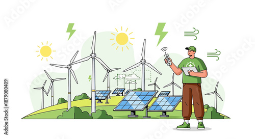 Illustrative representation of renewable energy sources featuring solar panels and wind turbines