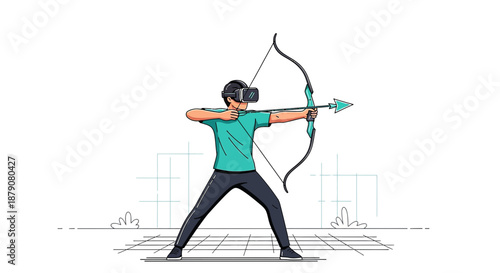 Immersive archery experience: Man with VR headset practicing archery in digital simulated