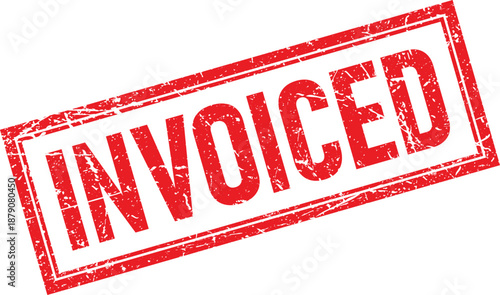 Invoiced Text Red Distressed Rectangular Rubber Stamp Impression on White Background