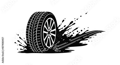 a black and white illustration of a tire with a dynamic splash effect silhouette high quality professional detailed modern elegant stylish