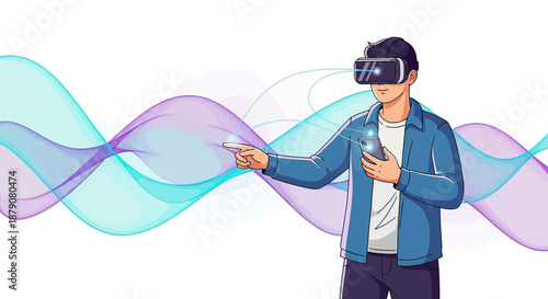 Immersive experience with virtual reality headset connecting to digital network flow