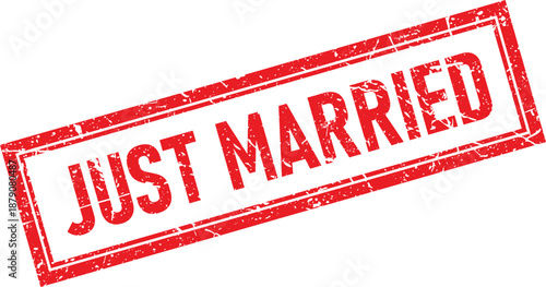 Red Rectangular Rubber Stamp with Just Married Text and Distressed Texture