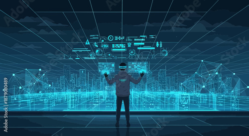Immersive digital frontier person navigating futuristic cityscape in augmented reality interface