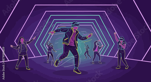 Immersive virtual reality experience with dancing figures in neon illuminated hallway