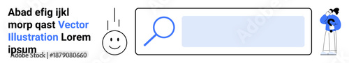 Web navigation, internet search, user experience, online information, website tools, and digital discovery. Search bar with a magnifying glass and happy face illustration. Web navigation and internet